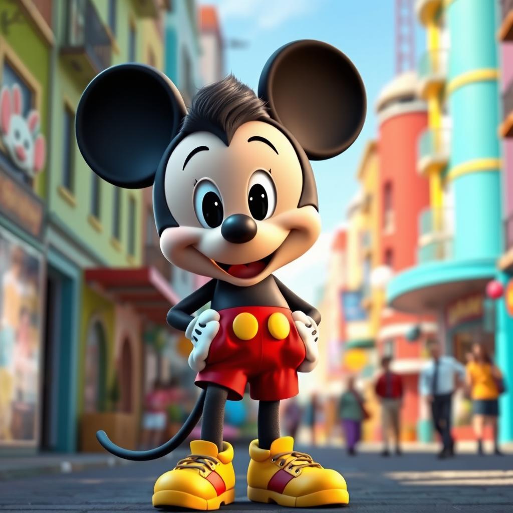 A realistic depiction of a human-like character inspired by Mickey Mouse, featuring large, expressive ears, circular face, and a friendly smile