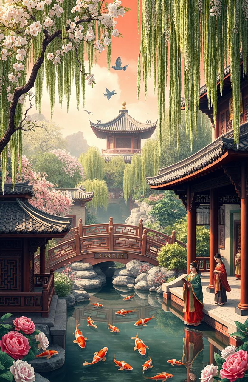 An enchanting scene from the classic Chinese novel 'Dream of the Red Chamber' showcasing the rich details of traditional Qing Dynasty architecture