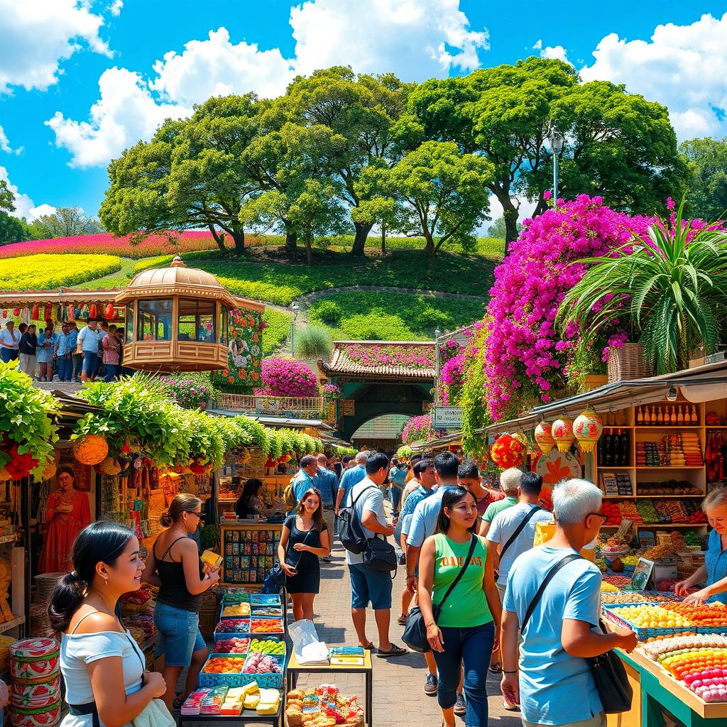 A stunning marketplace scene bustling with enthusiastic shoppers exploring a variety of vibrant stalls filled with colorful merchandise