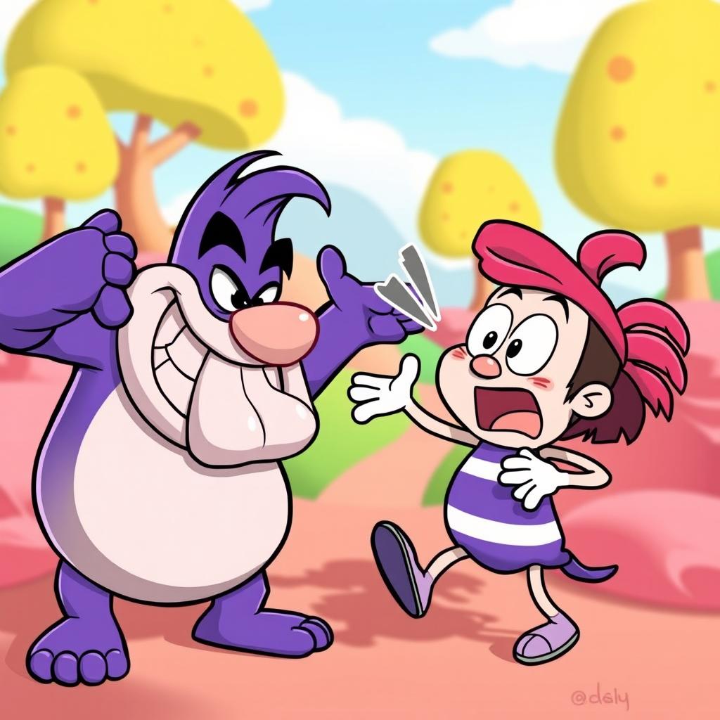 A stylized character resembling a cartoon version of Grimace, with a playful yet mischievous expression, playfully play-fighting with a whimsical, exaggeratedly shocked cartoon character
