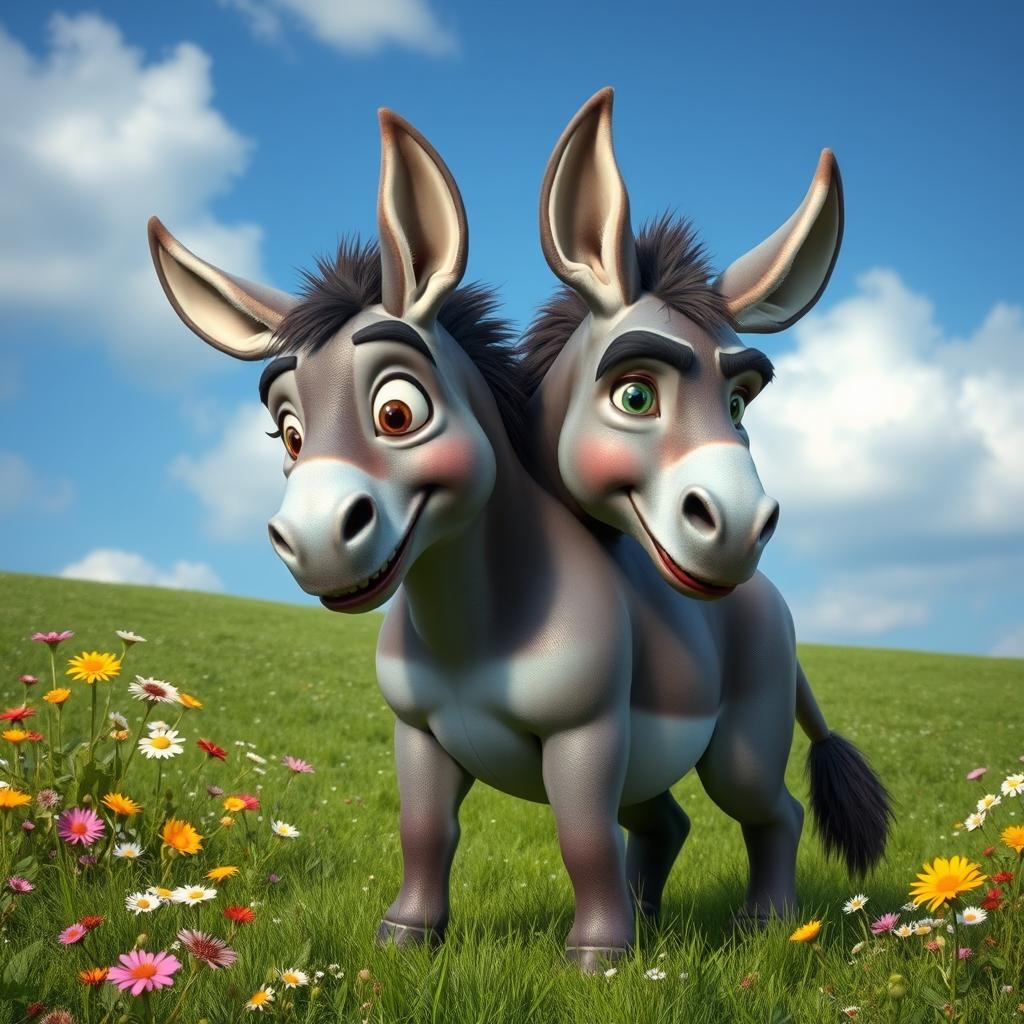 A fantastical creature featuring a two-headed donkey, each head displaying distinct expressions and characteristics, one head is playful with large, expressive eyes and a cheeky smile, while the other is more serious with a strong jawline and determined gaze