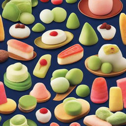 A vibrant and tantalizing advertisement showcasing a variety of mouth-watering Japanese desserts such as Mochi, Dorayaki, and Matcha Ice Cream. The background has traditional Japanese motifs.