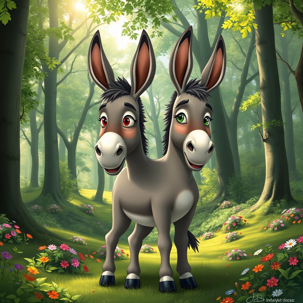 A two-headed donkey standing in a lush green forest, with each head displaying unique expressions; one head is playful with bright, cheerful eyes and a wide smile, while the other head looks serious with a confident gaze