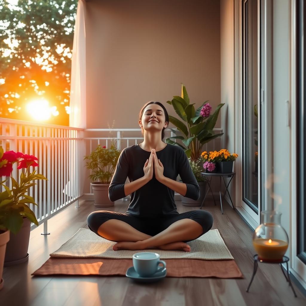 A serene balcony at sunrise, filled with soft morning light