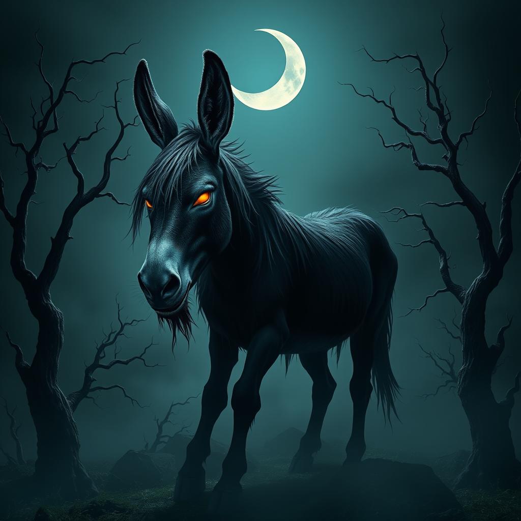 A spooky two-headed donkey, set in a dark and eerie environment