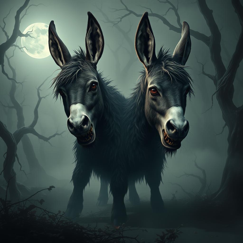 A terrifying two-headed donkey, each head exhibiting a frightening expression