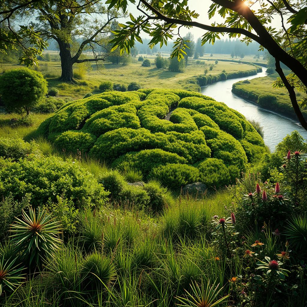 An artistic representation of a brain-shaped area in a lush, overgrown landscape close to a meandering river