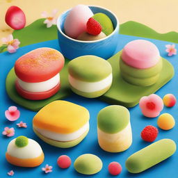 A vibrant and tantalizing advertisement showcasing a variety of mouth-watering Japanese desserts such as Mochi, Dorayaki, and Matcha Ice Cream. The background has traditional Japanese motifs.