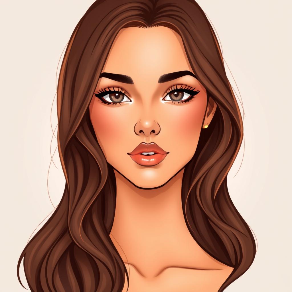A detailed illustration of a woman's face with a soft and symmetrical contour, featuring expressive eyes, a delicate nose, and full lips