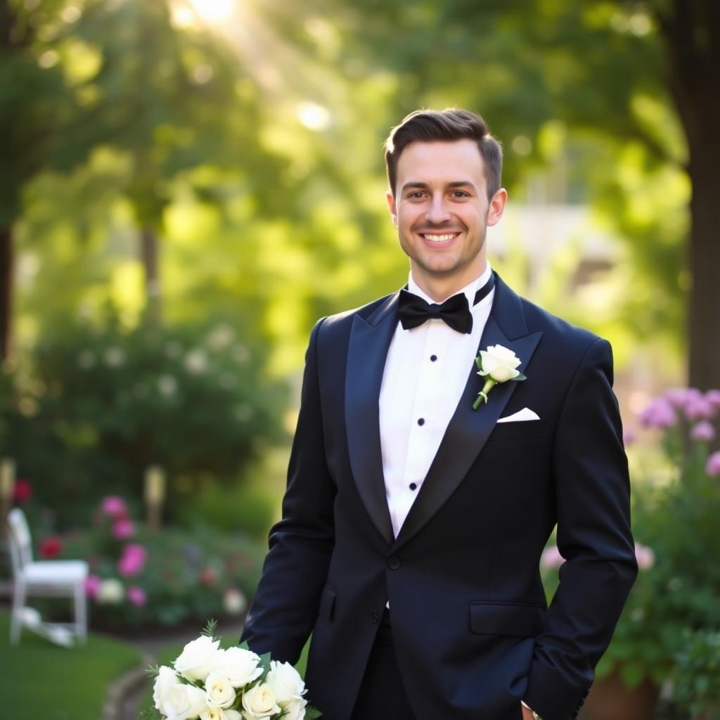 A handsome groom dressed in a classic tuxedo, standing confidently with a charming smile