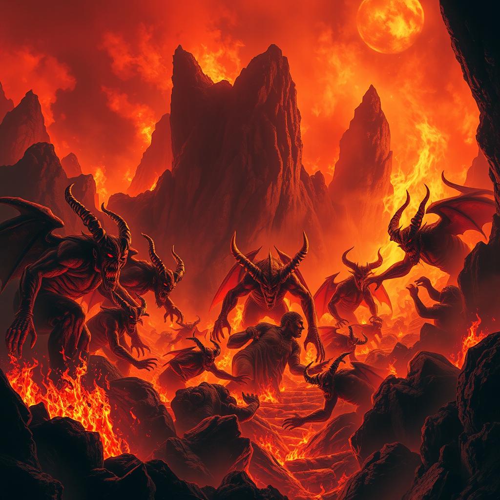 A dramatic landscape of a fiery Hell, engulfed in flames with vivid reds and oranges dominating the scene