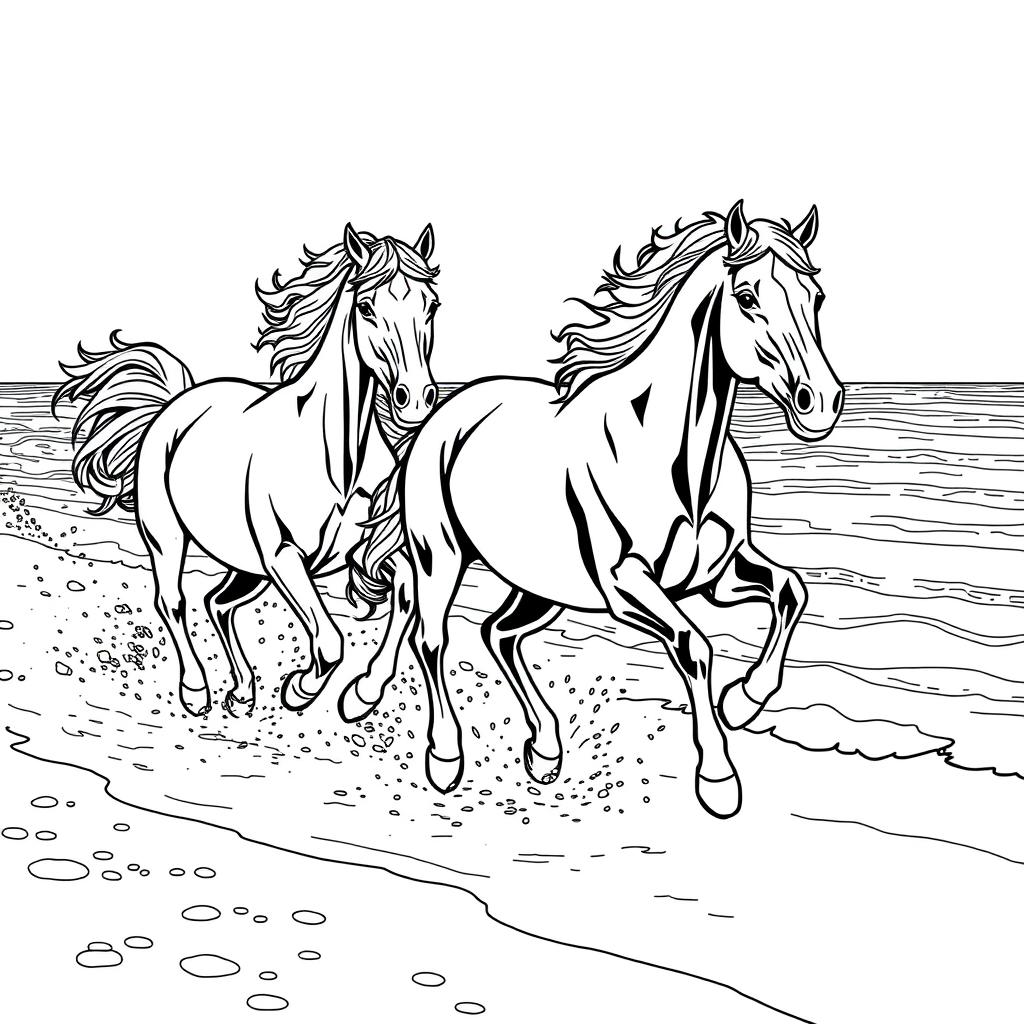 A striking black and white line drawing featuring a group of horses galloping gracefully along the seashore