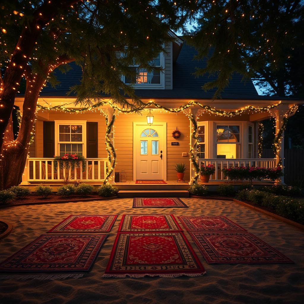 A cozy, inviting house adorned with sparkling fir lights that twinkle warmly in the evening