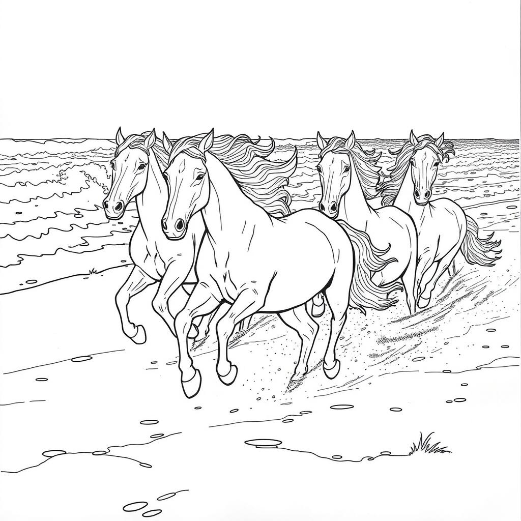 A black and white line drawing of several horses galloping along a sandy seashore, with waves crashing in the background