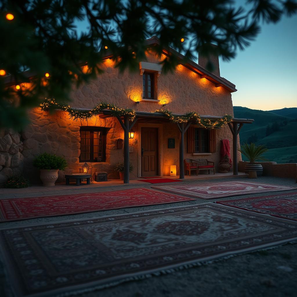 A beautifully constructed clay house featuring rustic walls and natural textures, adorned with enchanting fir lights that illuminate the exterior in a welcoming glow