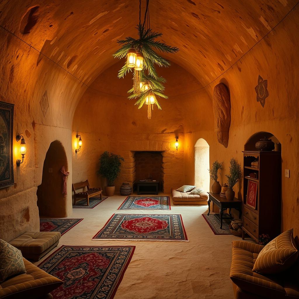 An interior view of a beautifully designed clay house, showcasing its unique earthy walls and natural texture