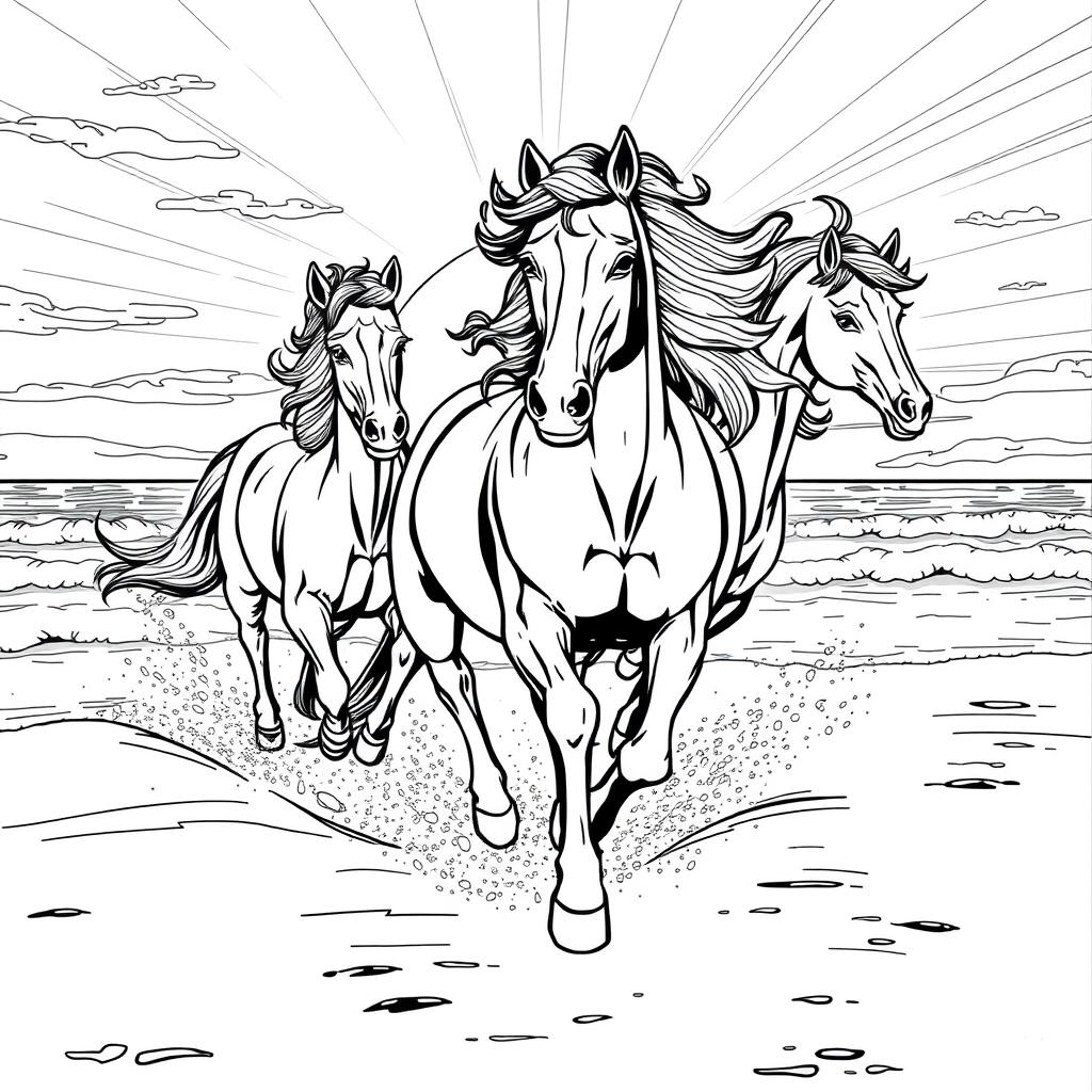 A black and white line drawing of majestic horses running freely along the seashore at sunset, featuring dynamic poses that convey movement