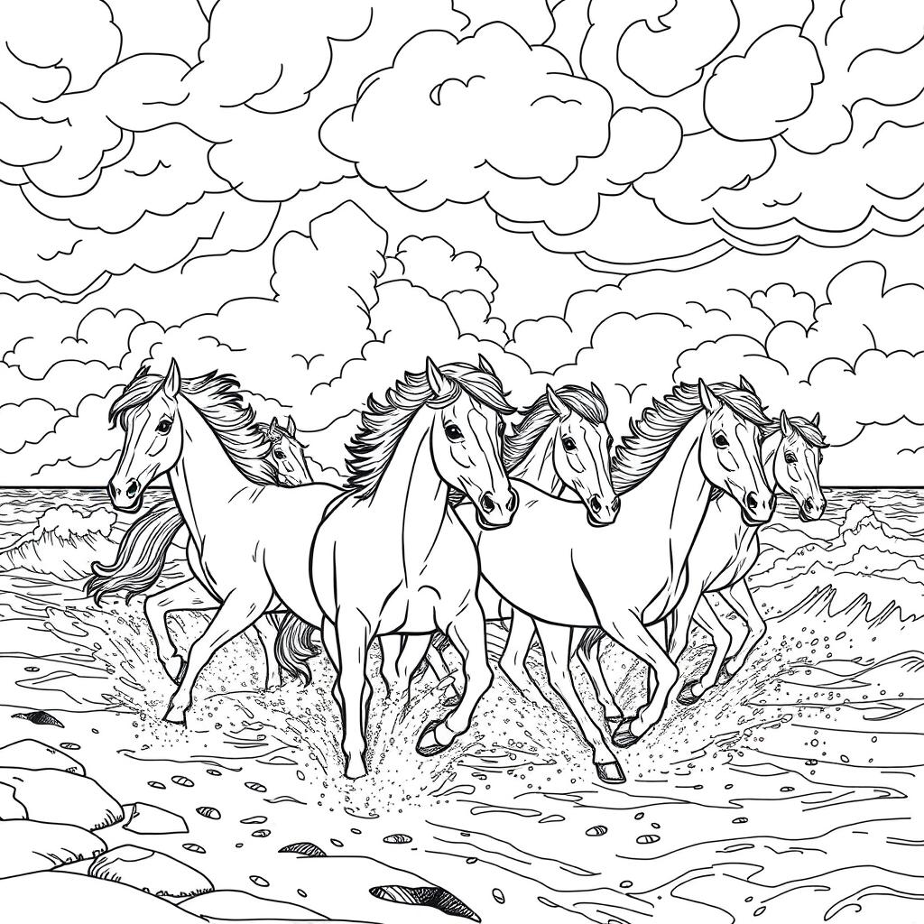 A black and white line drawing of several horses galloping along a stormy seashore