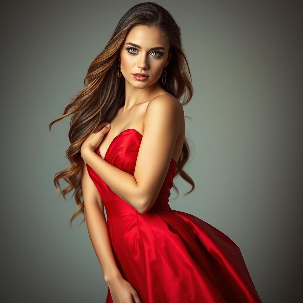 A beautiful woman with long flowing hair wearing a stunning red evening gown, standing elegantly in a pose that showcases her confidence and grace
