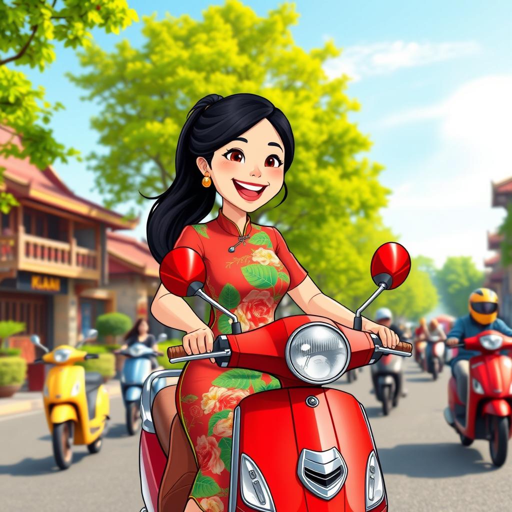 A cheerful Vietnamese woman in a vibrant, cartoon style, riding her bright red scooter on a bustling street in Vietnam