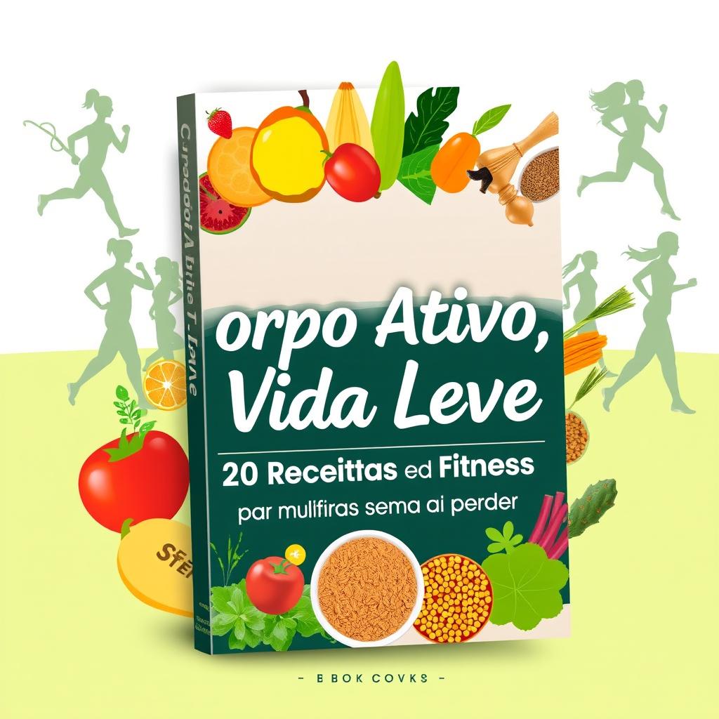 An inviting e-book cover design titled 'Corpo Ativo, Vida Leve: 20 Receitas Fitness para Mulheres Sem Tempo a Perder'