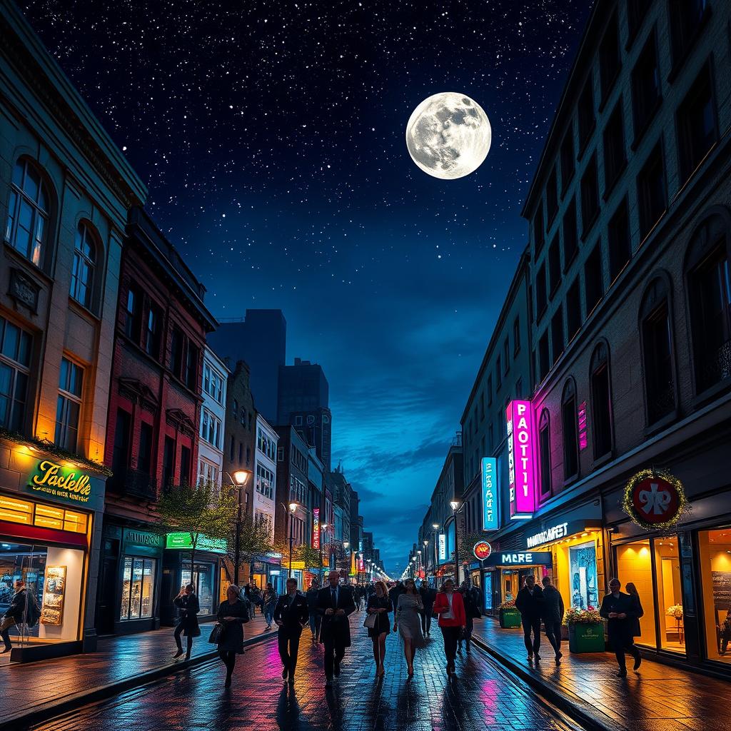 A picturesque urban scene transformed to night, featuring a bustling street with shimmering lights reflecting off the wet pavement