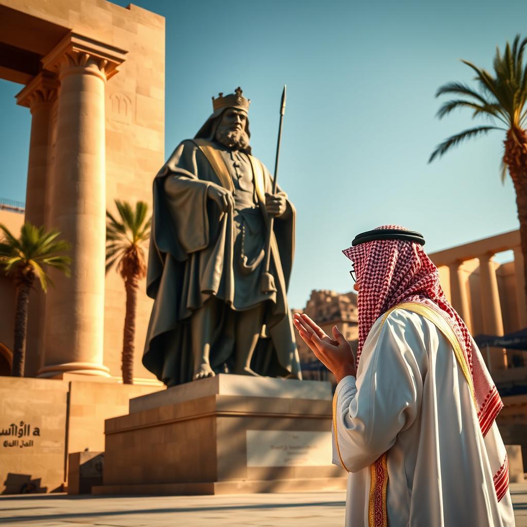 A portrait of the King of Saudi Arabia performing a respectful bow to a grand statue of Cyrus the Great