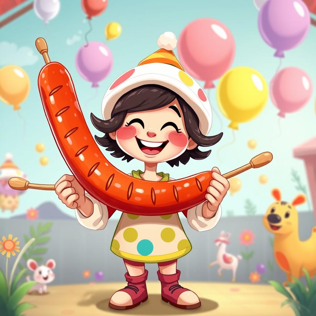 A whimsical character named Sisi, joyfully holding a long sausage on a wooden skewer, smiling brightly