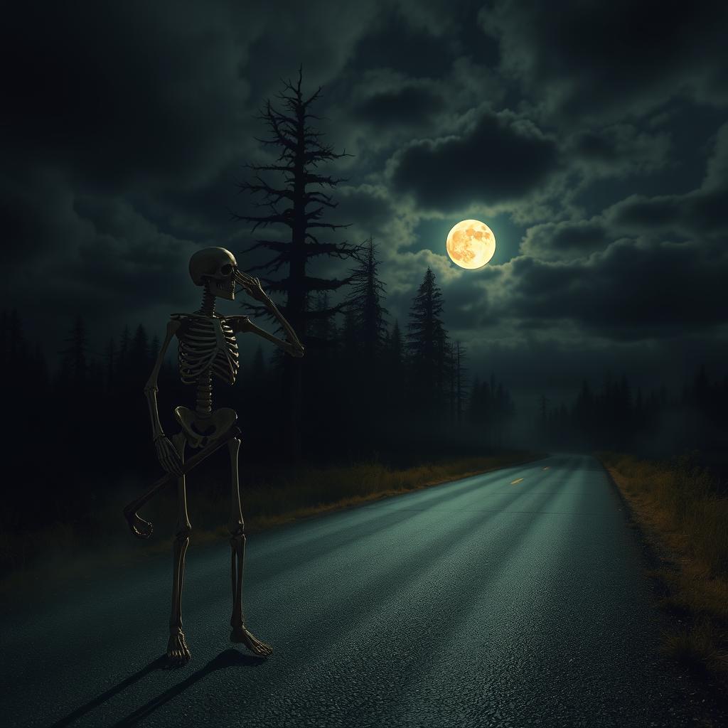 A terrifying scene of a skeleton standing by a deserted road at night