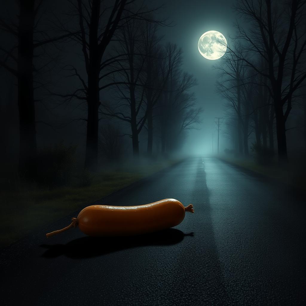 A spooky scene featuring a sausage lying on the side of a dark, deserted road at night