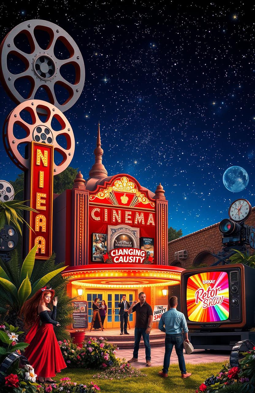 A fantastical scene that beautifully merges elements of cinema and television, featuring iconic symbols such as a classic film reel, an old-fashioned cinema marquee showcasing a dazzling array of movie titles, and a television set displaying a vibrant retro show