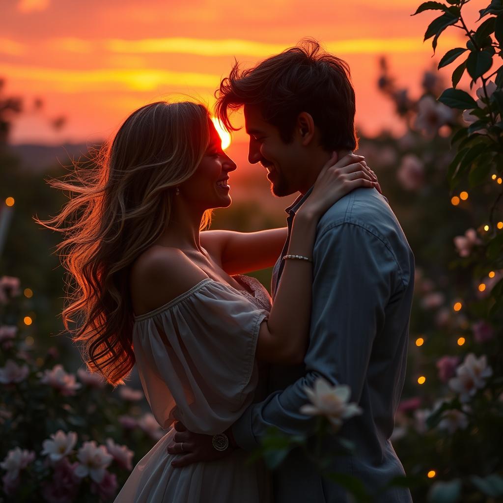 A romantic scene capturing the essence of two lovers in a passionate embrace, surrounded by a soft, dreamy atmosphere