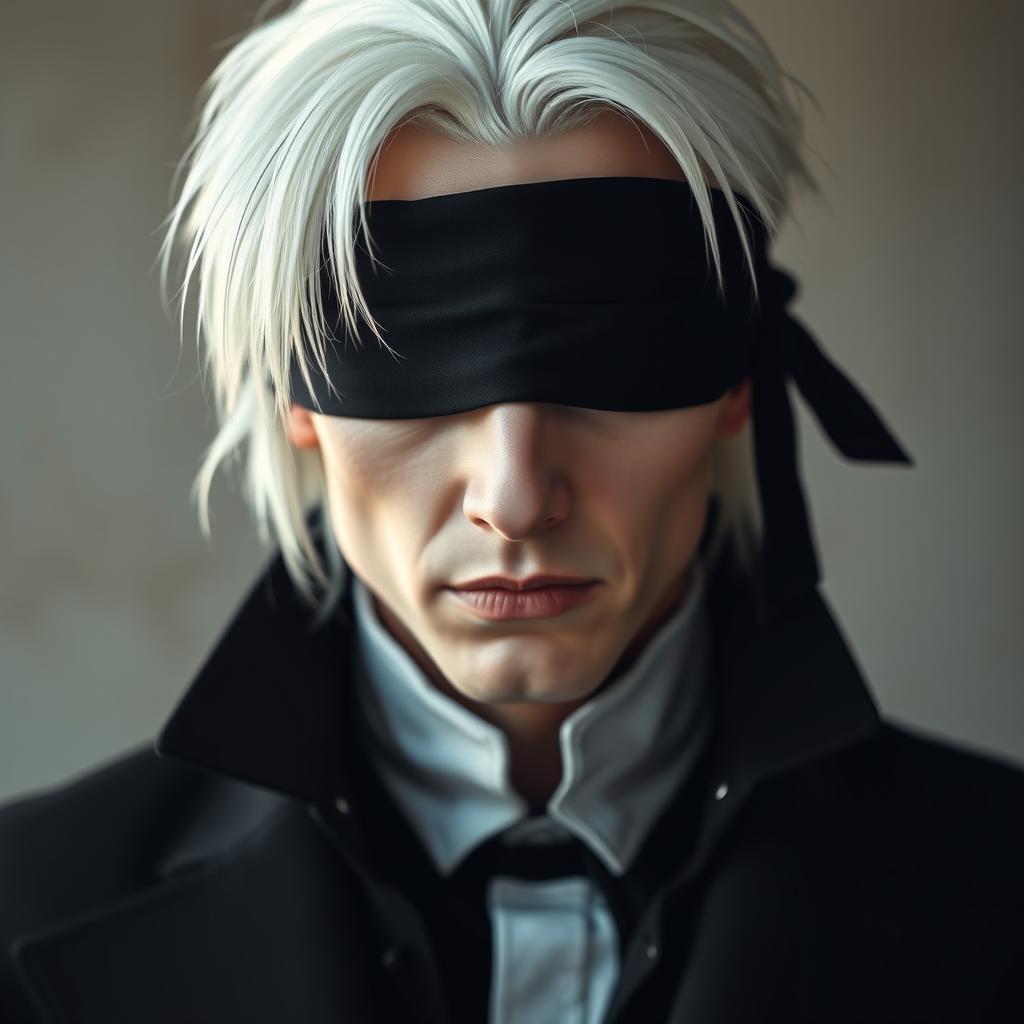 A striking portrait of a male albino character with white hair, wearing a black high-collared jacket that adds a sense of elegance and mystery
