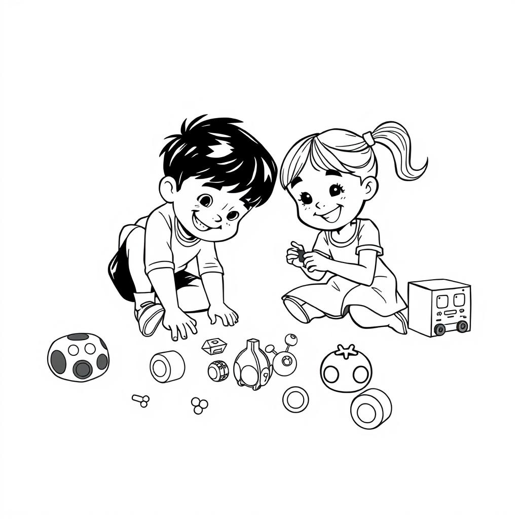 A Pixar-style illustration featuring a boy and a girl playing with toys on the floor