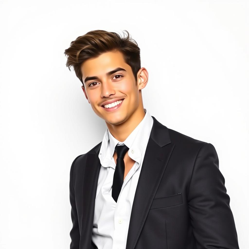 A confident young man in a stylish suit, without a tie, standing against a clean, white background