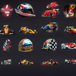 Circular icons showcasing different Formula 1 themes including racing cars, checkered flags, racing helmets, speedometers, and race tracks.