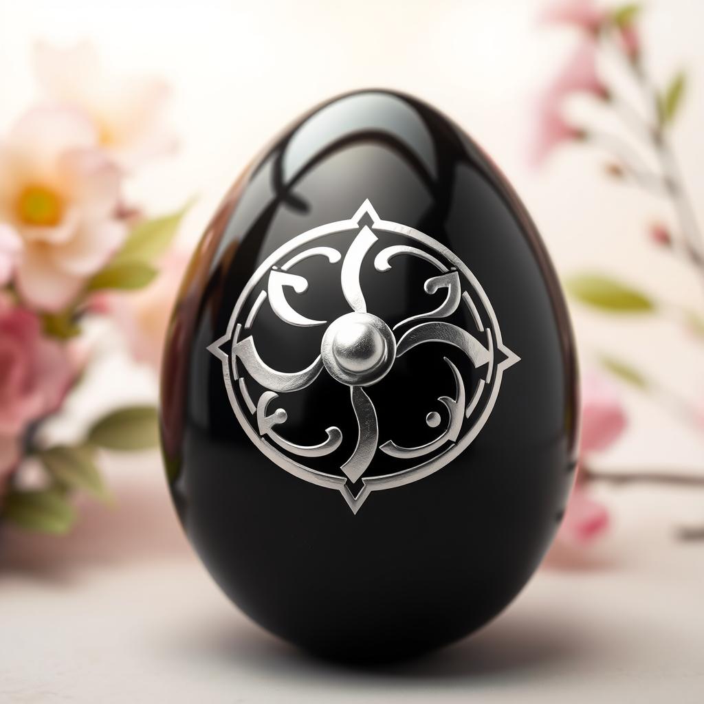 A shiny black Easter egg featuring an intricate silver symbol inspired by ancient designs, set against a soft pastel background