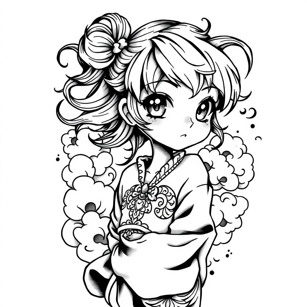 A black and white anime tattoo design inspired by intricate detailing and dynamic lines