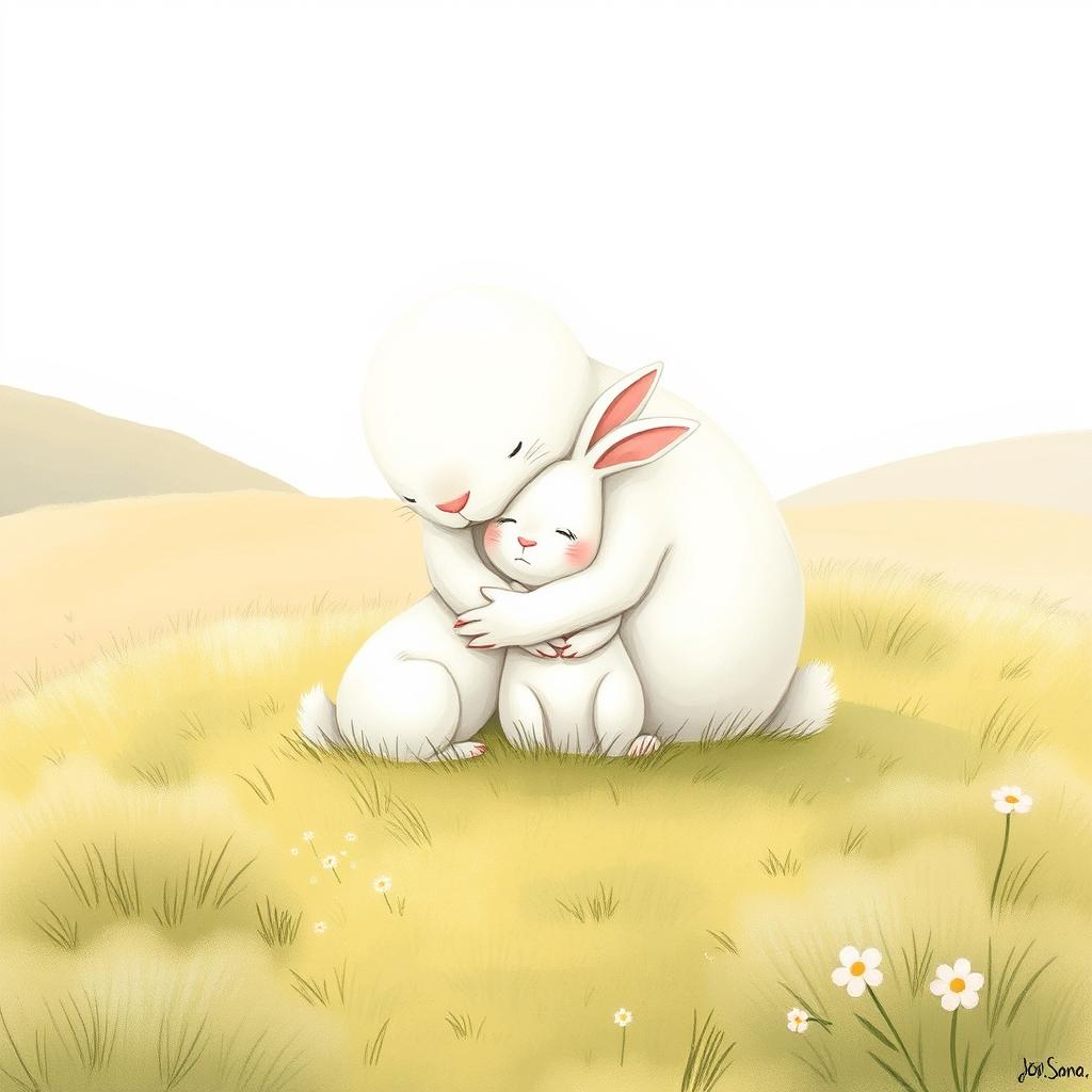 On a soft grassy field, a large white rabbit gently hugs a small, crying white rabbit, providing comfort and support