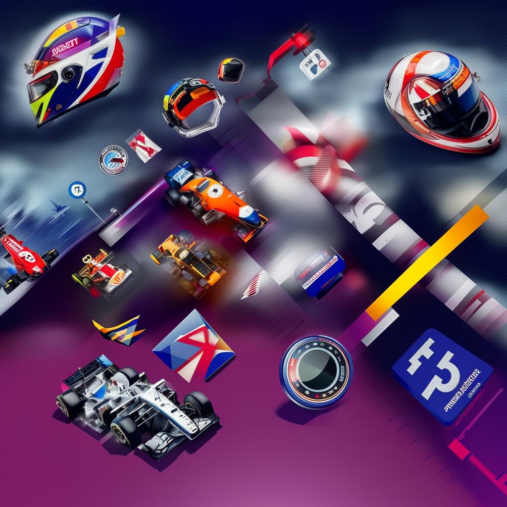 Circular icons showcasing different Formula 1 themes including racing cars, checkered flags, racing helmets, speedometers, and race tracks.