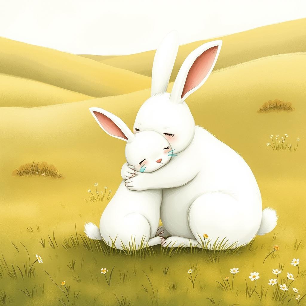 On a soft grassy field, a large white rabbit lovingly hugs a small white rabbit that is crying, with glistening tears on its face
