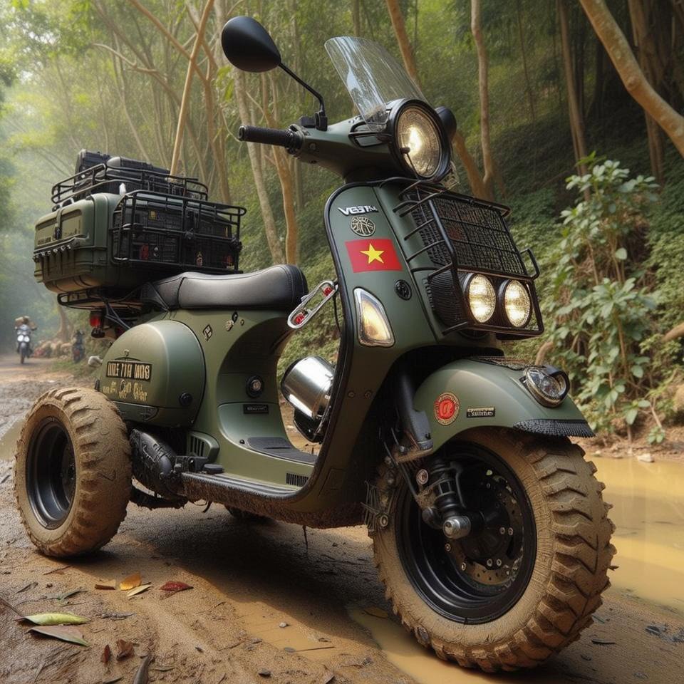 A rugged scooter designed for off-road adventures, featuring a military green color scheme with decorative stickers