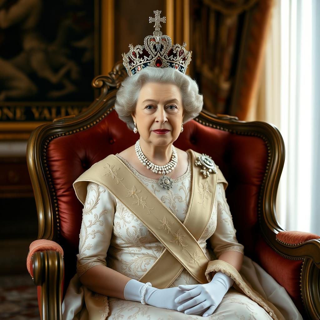 A dignified and elegant portrait of Queen Elizabeth II seated on a plush royal chair, wearing her iconic crown and royal gown adorned with intricate embroidery, a serene expression on her face, soft natural lighting illuminating her features, surrounded by opulent decor of a palace setting, such as rich tapestries and luxurious draperies, symbolizing her reign and heritage