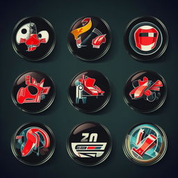 Circular icons showcasing different Formula 1 themes including racing cars, checkered flags, racing helmets, speedometers, and race tracks.