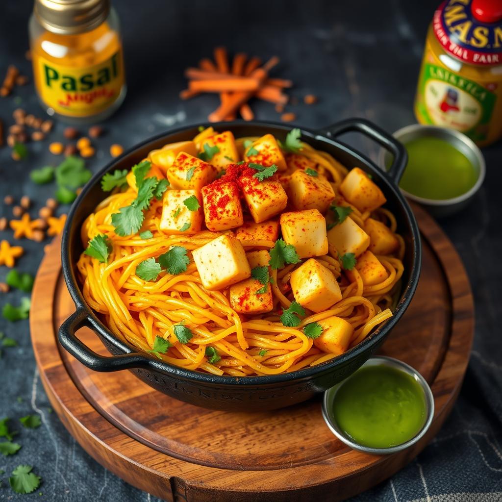 Spiced Maggi noodles featuring golden-brown paneer cubes mixed throughout, beautifully garnished with fresh coriander and a sprinkle of red chili powder