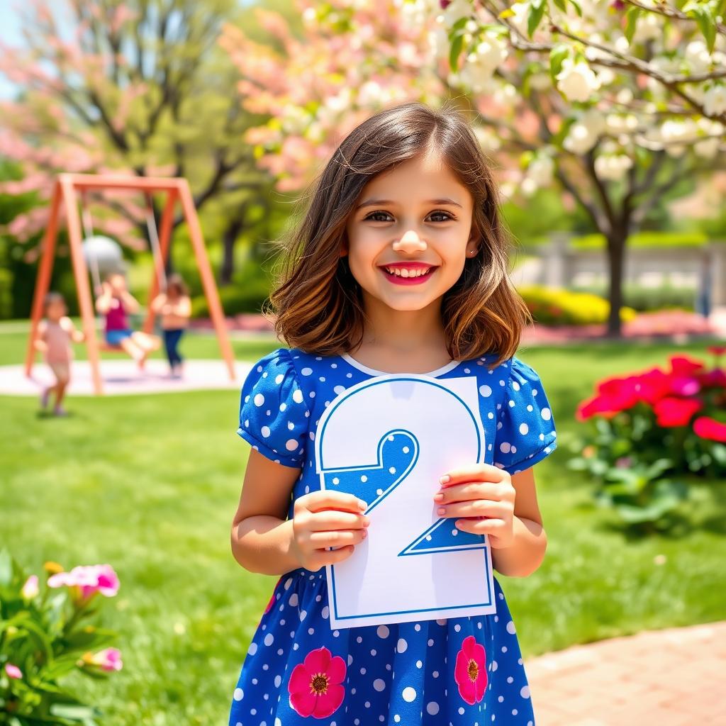 A cheerful young girl, around 10 years old, wearing a vibrant blue dress with polka dots, holding up a large cardboard cutout displaying the number 2, smiling brightly