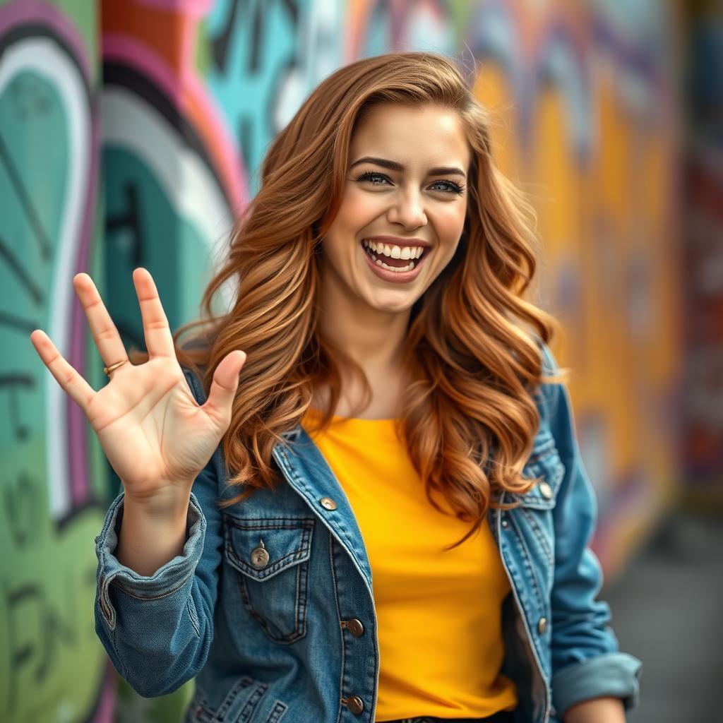 A vibrant and captivating scene featuring a 25-year-old woman playfully showing the number 2 with her hand