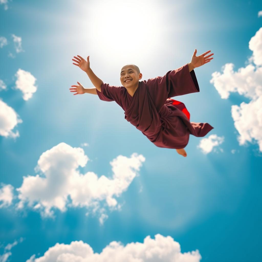 A serene scene depicting a monk from Myanmar flying upright in the bright blue sky