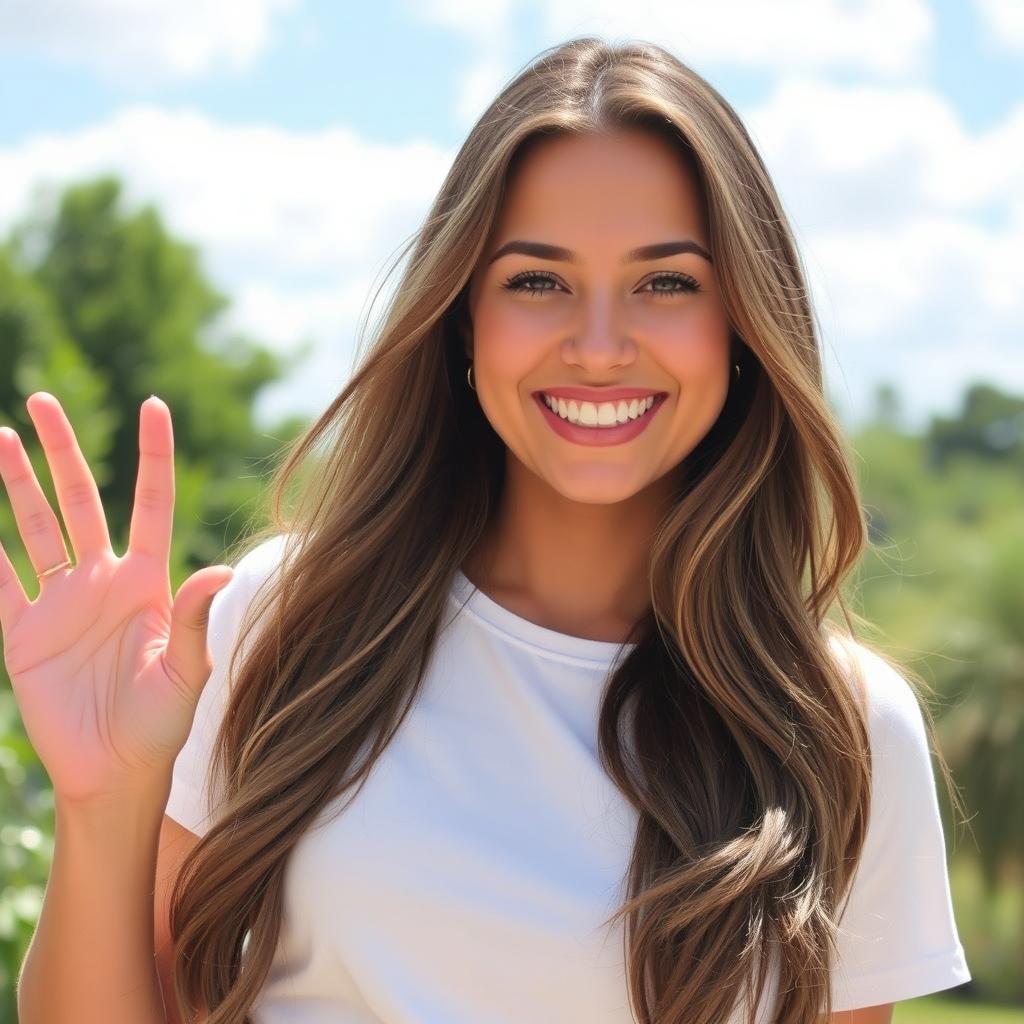 A confident 25-year-old woman smiling while showing the number two with her hand, set in a bright and lively outdoor environment