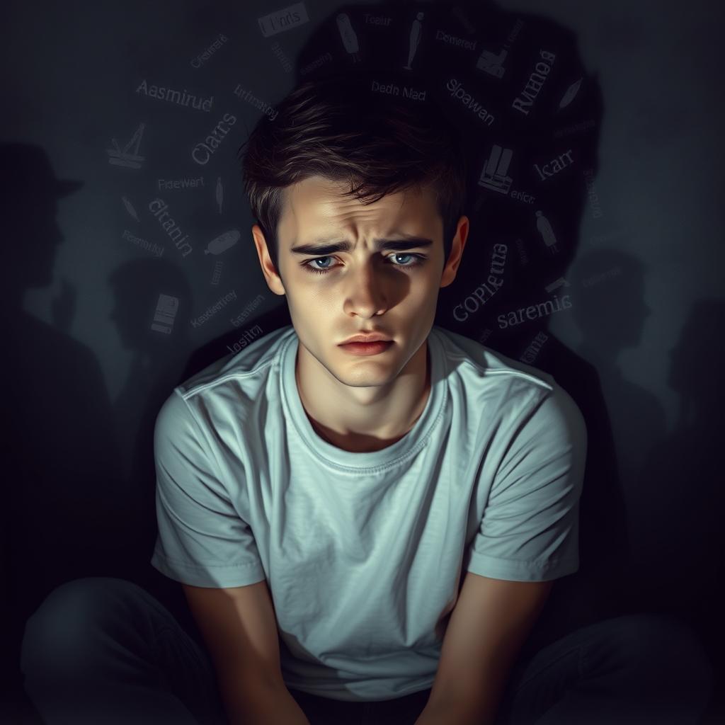 A young man sitting in a dark corner, surrounded by faint shadows of people who appear to be judging and whispering about him